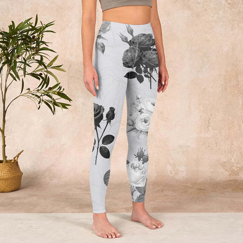 Black White Rose Gym Leggings Women's Yoga Pants