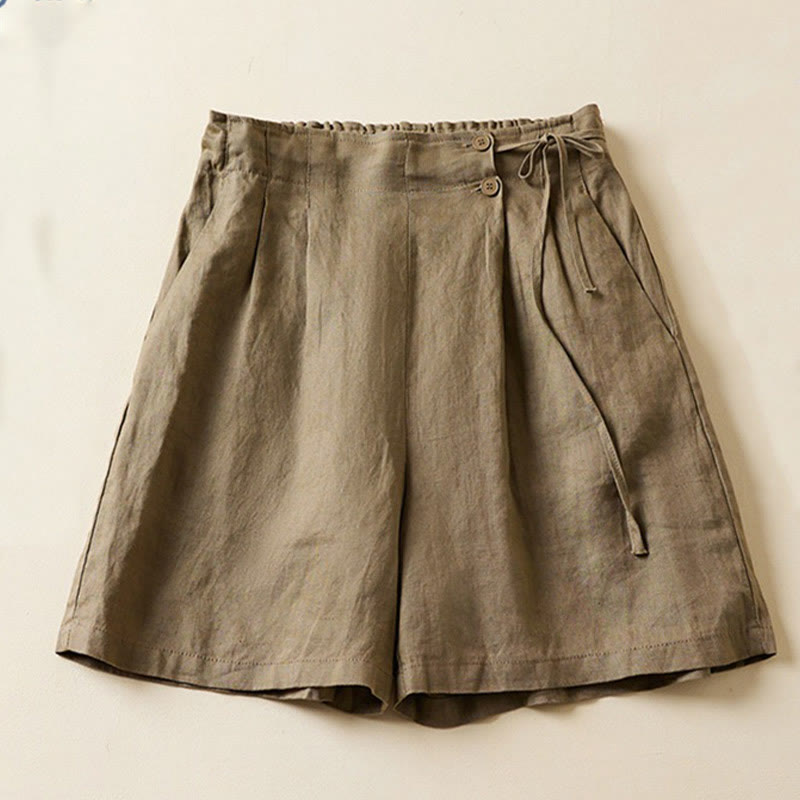 Solid Color Two Buttons Lace-up Cotton Linen Women's Shorts With Pockets