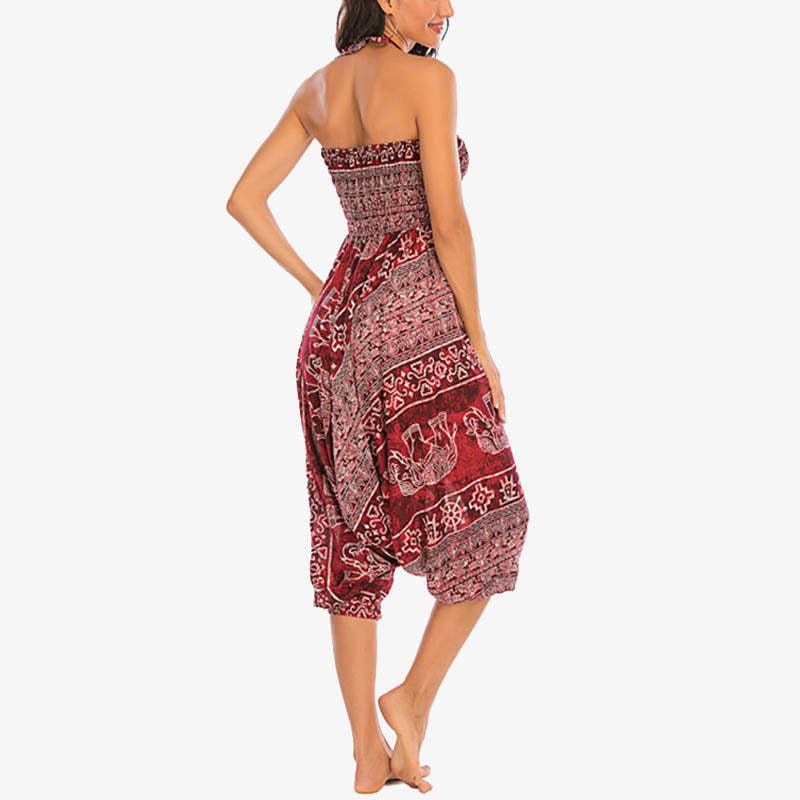 Two Style Wear Elephant Pattern Loose Smocked Harem Trousers Jumpsuit Women's Yoga Pants
