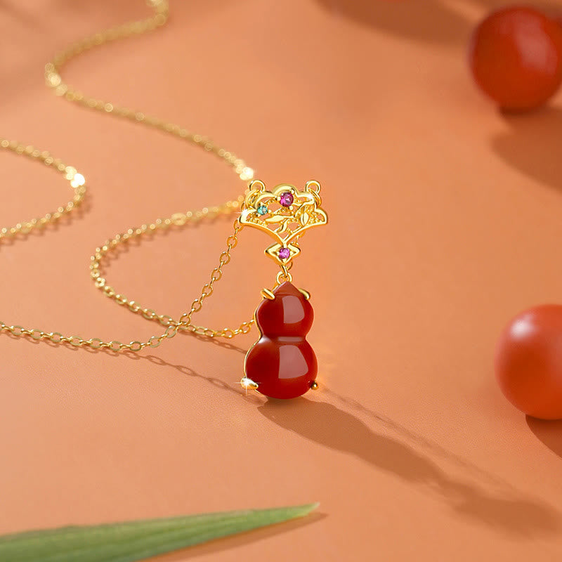 925 Sterling Silver Red Agate Gourd Auspicious Clouds Confidence Bracelet Necklace Pendant Earrings Set
