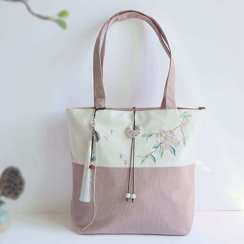 Pear Flower Plum Peach Blossom Bamboo Embroidery Canvas Large Capacity Shoulder Bag Tote Bag