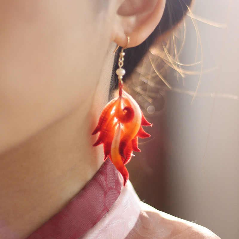 14K Gold-plated Copper Handmade Velvet Flower Mulberry Silk Red Feather Drop Earrings