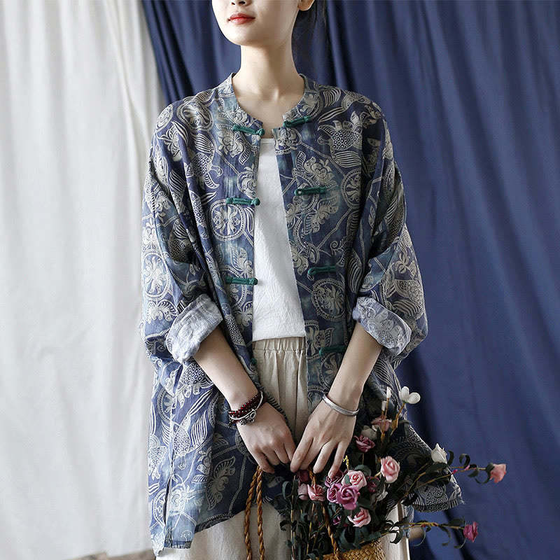 Birds Flowers Geometry Frog-Button Long Sleeve Ramie Linen Jacket Shirt