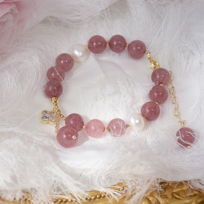 Natural Strawberry Quartz Pearl Four Leaf Clover Love Bracelet