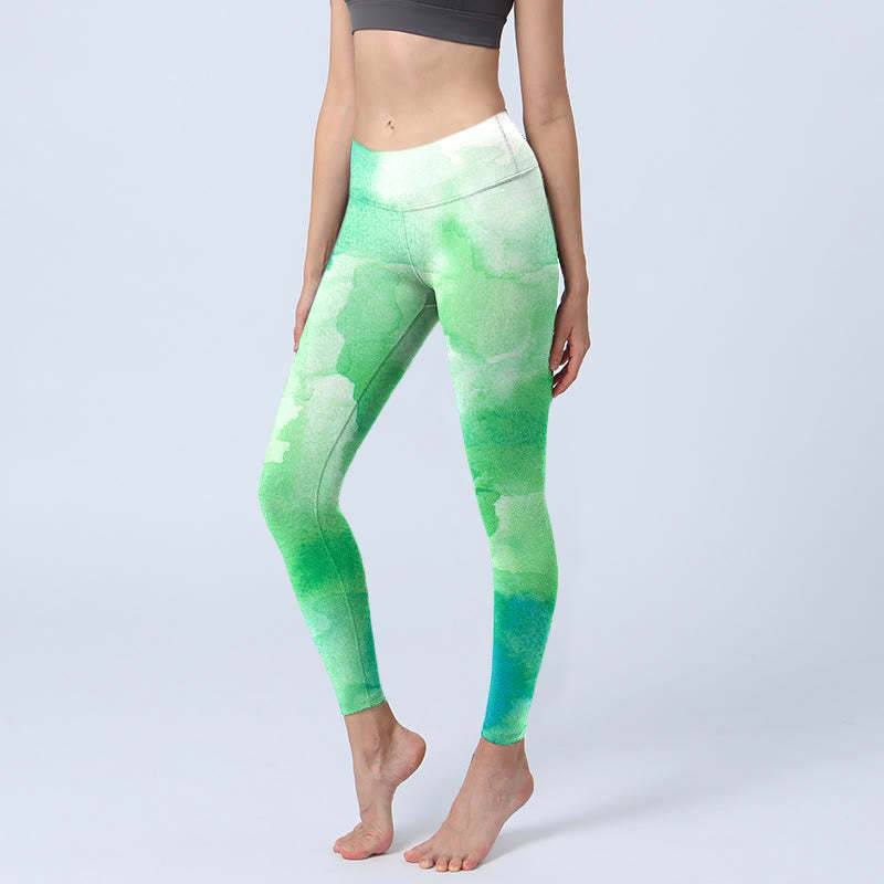 Green Ink Wash Pattern Gym Leggings Women's Yoga Pants