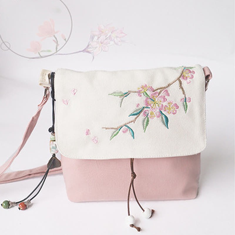 Handmade Embroidered Plum Flowers Canvas Crossbody Bag Shoulder Bag Handbag