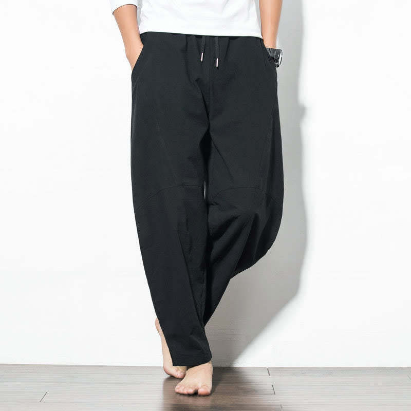 Casual Men's Solid Color Linen Drawstring Pants With Pockets
