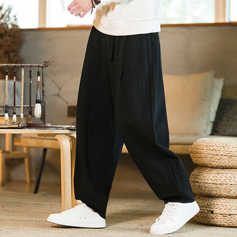 Solid Color Cotton Linen Drawstring Men's Harem Pants With Pockets