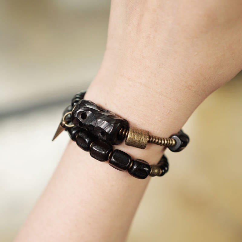 Ebony Wood Black Obsidian Copper Brass Peace Double Wrap Bracelet