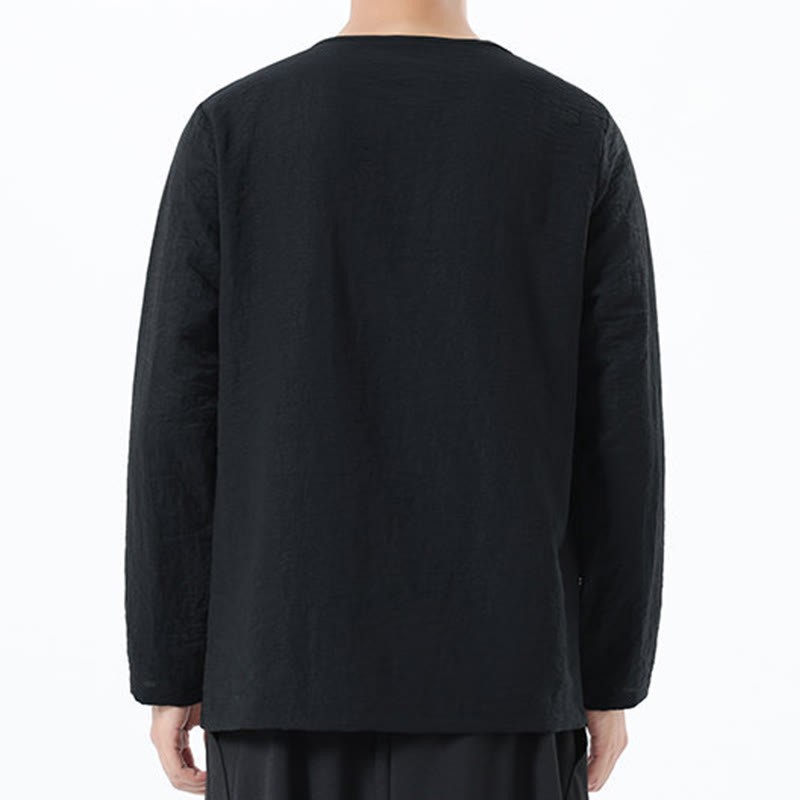 Men's Long Sleeve Round Collar Comfort Cotton Linen Shirt