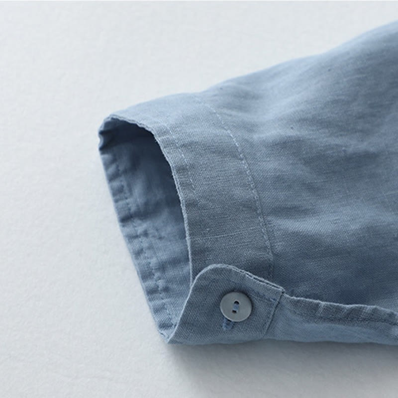 Solid Color Button Three Quarter Sleeve Cotton Linen Shirt