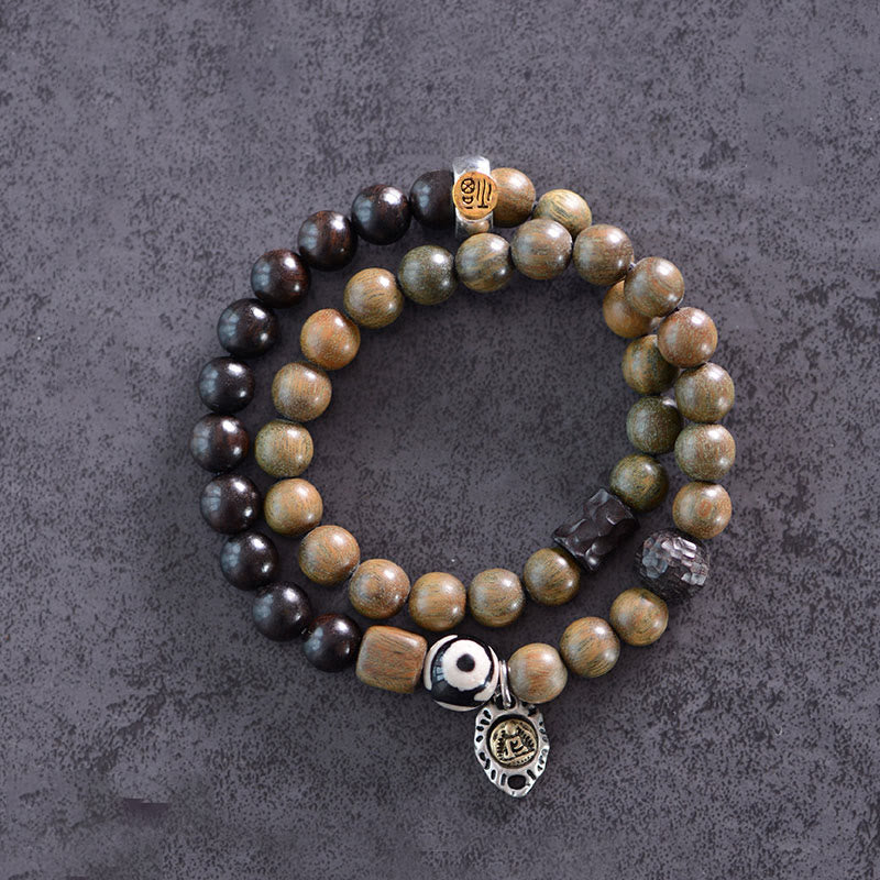 Tibetan Green Sandalwood Ebony Wood Three-eyed Dzi Bead Fu Character Balance Peace Double Wrap Bracelet