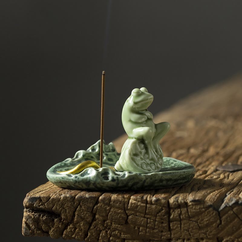 Leaf Meditation Frog Pattern Healing Ceramic Incense Burner Decoration