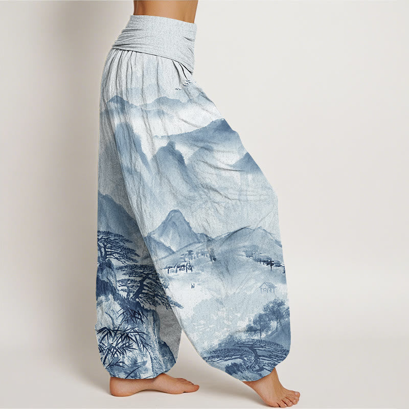 Mountains Trees Landscape Ink Painting Women's Elastic Waist Harem Pants