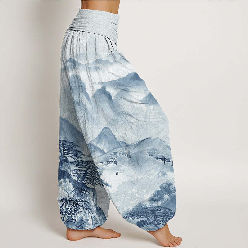 Mountains Trees Landscape Ink Painting Women's Elastic Waist Harem Pants