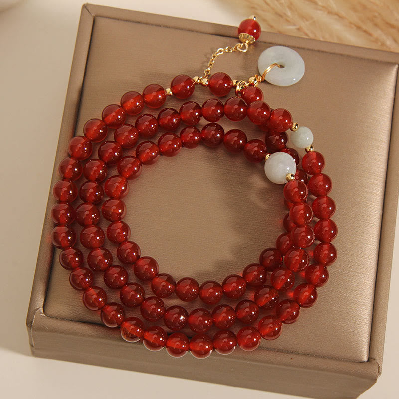 Natural Red Agate Jade Peace Buckle Calm Triple Wrap Bracelet