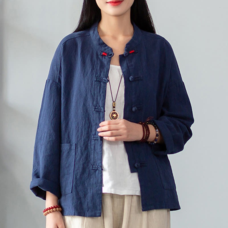 Solid Color Frog-button Long Sleeve Linen Women's Shirts With Pockets