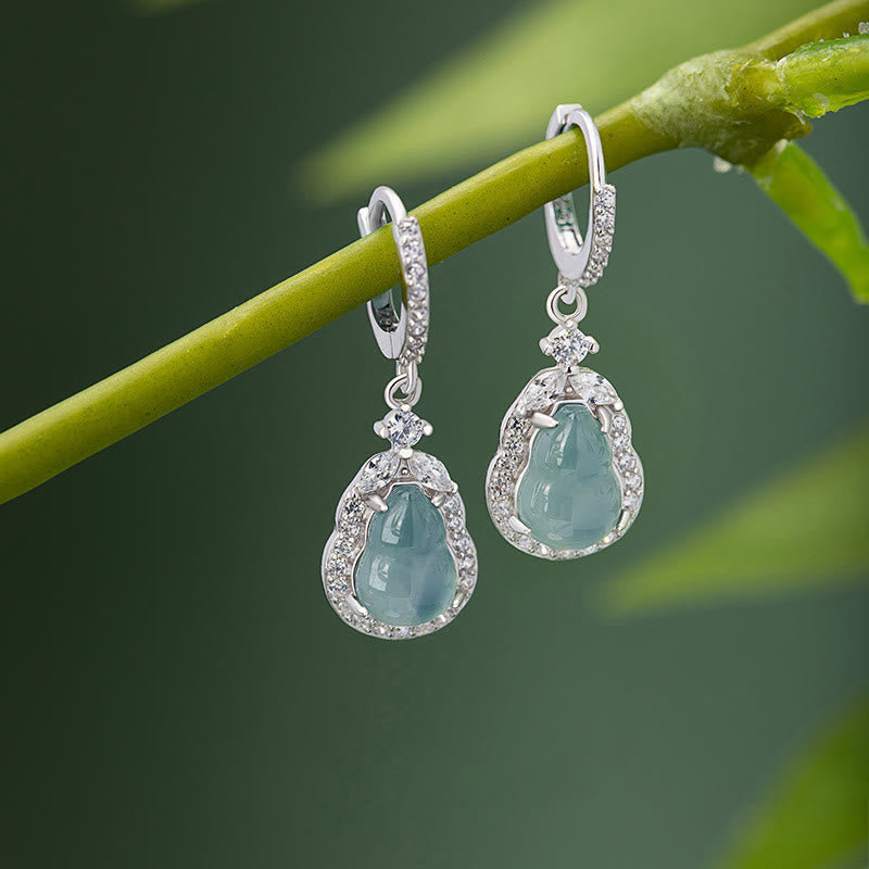 925 Sterling Silver Green Jade Gourd Abundance Drop Earrings
