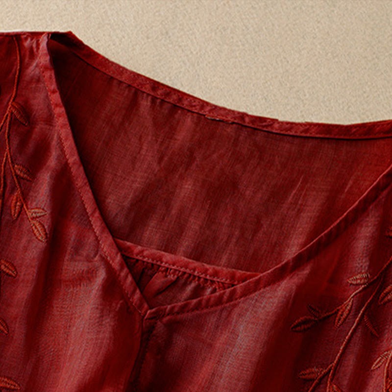 Casual Plain Embroidery Willow Leaf Half Sleeve V-neck Women's Shirt