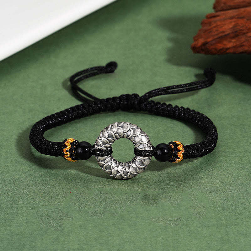 Handmade Black Onyx 999 Sterling Silver Peace Buckle Dragon Black String Luck Braided Bracelet