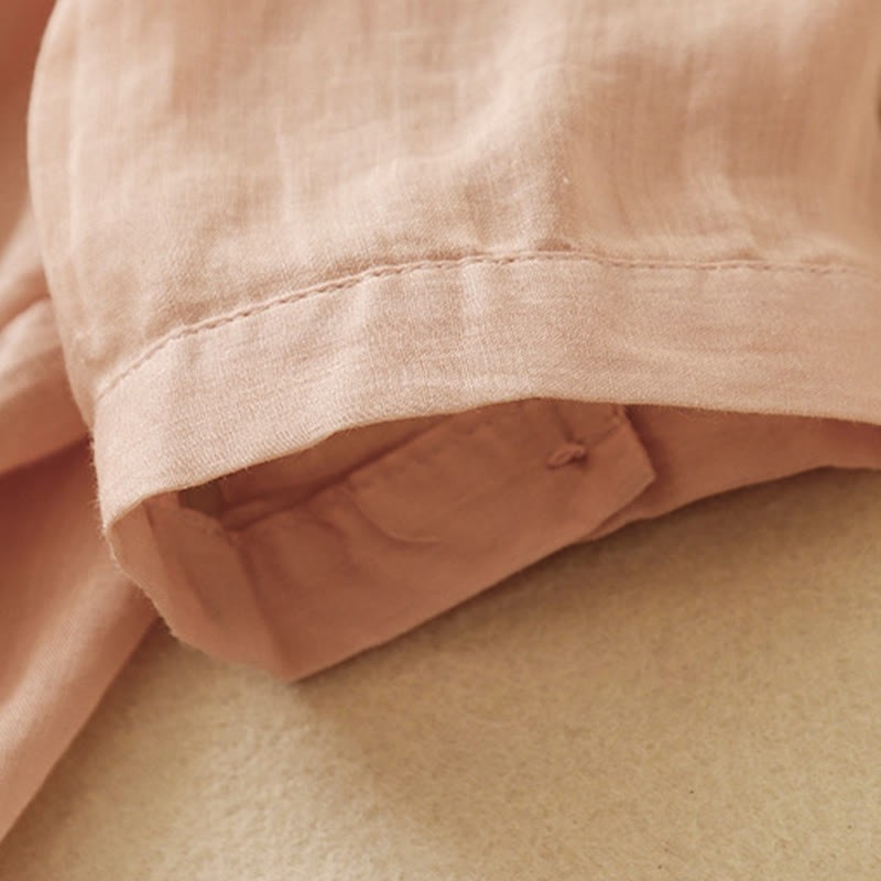 Plain Frog-Button Embroidery Vine Long Sleeve Slanted Collar Cotton Linen Women's Shirt