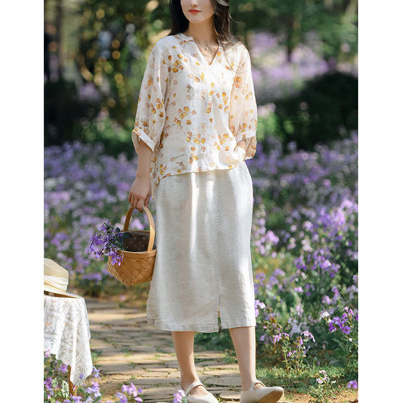 Fruits Leaves Pattern Lantern Sleeve Top Loose Tee T-shirt