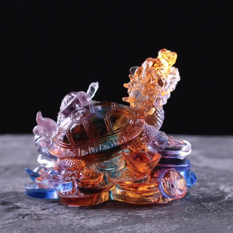 Feng Shui Dragon Turtle Coins Handmade Liuli Crystal Luck Art Piece Home Office Decoration