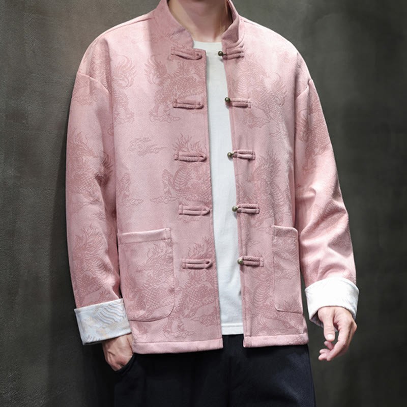 Chinese New Year Kirin Print Frog-button Tang Suit Men's Jacket Shirt With Pockets