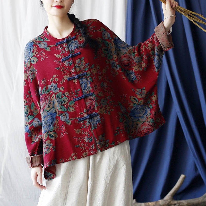 Red Flowers Green Leaves Print Frog-button Design Long Sleeve Cotton Linen Jacket Shirt