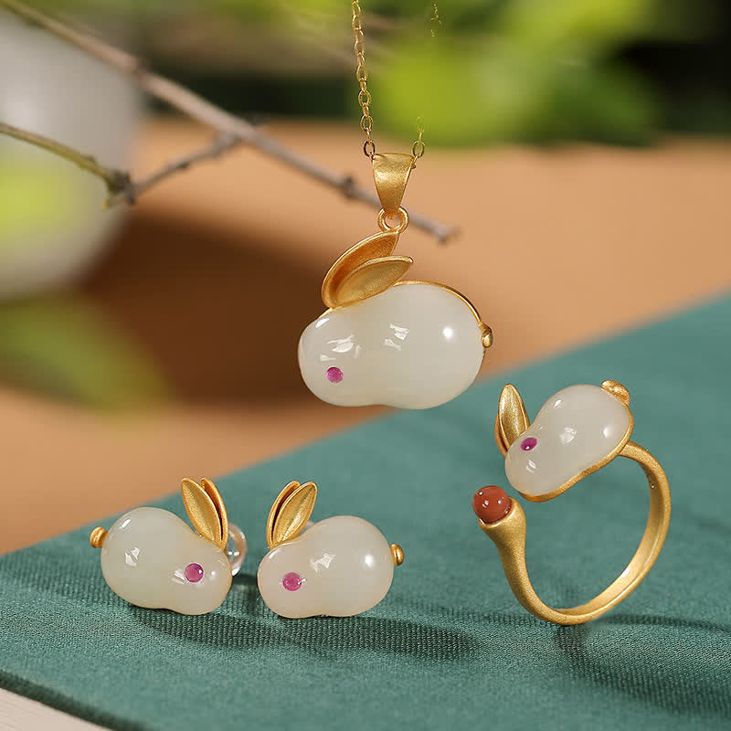 925 Sterling Silver Year of the Rabbit Hetian Jade Luck Ring Earrings Necklace Pendant