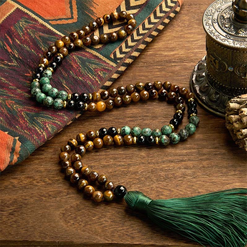 108 Mala Natural Stone Tiger Eye Turquoise Beads Tassel Protection Bracelet