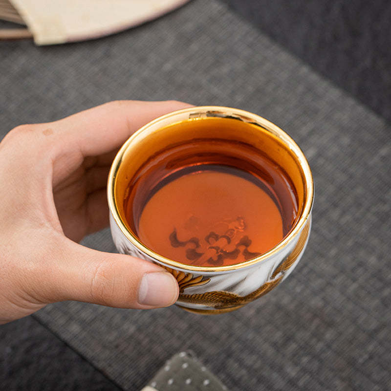 Golden Eagle Auspicious Dragon Sun Ocean Waves Gilt Ceramic Teacup Kung Fu Tea Cup