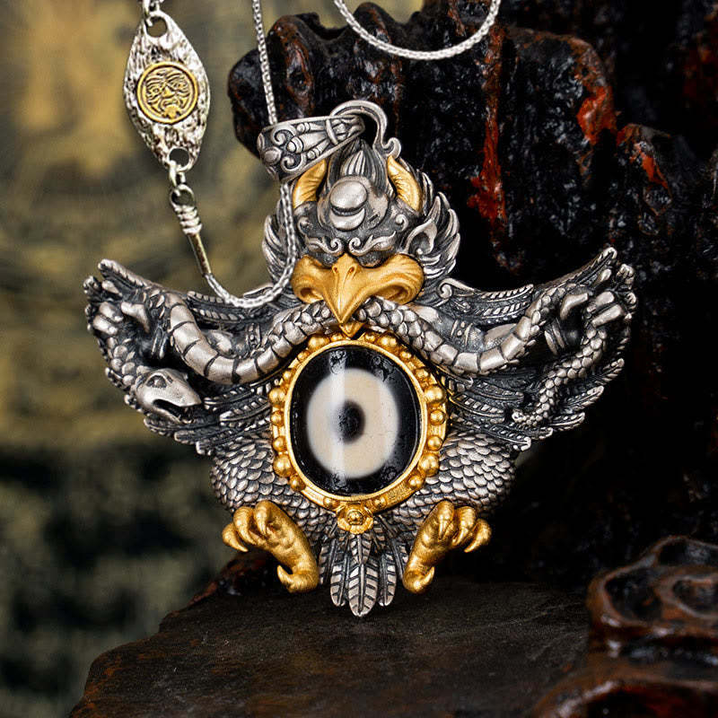 925 Sterling Silver Tibet Garuda Bird Dzi Bead Protection Necklace Pendant