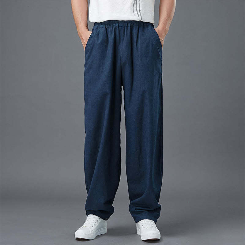 Plain Color Elastic Waist Ramie Linen Men's Pants With Pockets