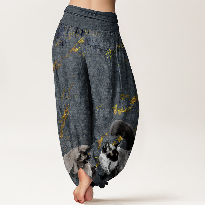 Siamese Cats Flower Coin Pattern Women's Elastic Waist Harem Pants