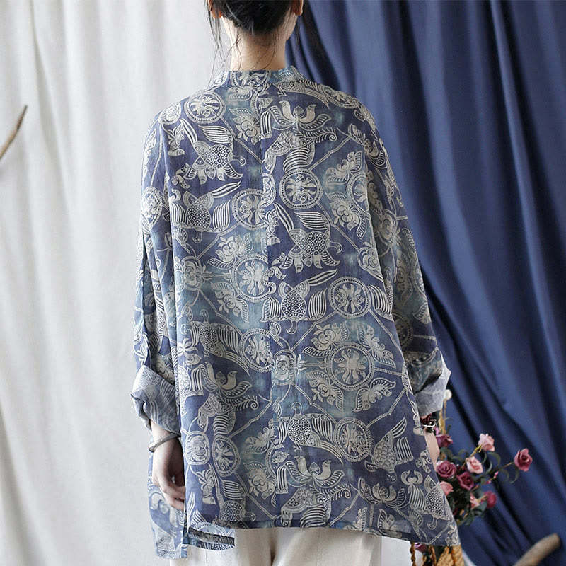 Birds Flowers Geometry Frog-Button Long Sleeve Ramie Linen Jacket Shirt