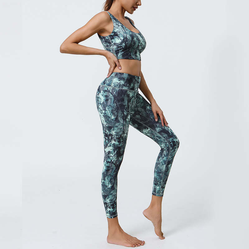 2Pcs Pineapple Grass Leaves Print Sports Fitness Crop Tank Bra High Waist Leggings Yoga Pants