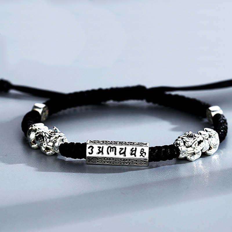 Double PiXiu Feng Shui Copper Coin Om Mani Padme Hum String Bracelet