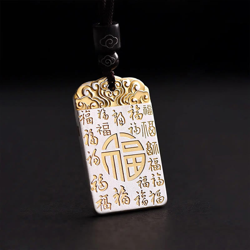 Silver Plated Copper Fu Character Auspicious Clouds Luck Fortune Rope Necklace Pendant