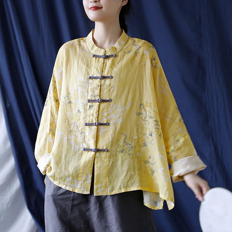 Yellow Phoenix Print Frog-button Design Long Sleeve Ramie Linen Jacket Shirt