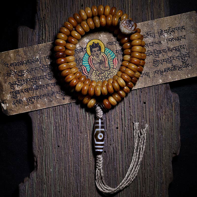 Tibet 108 Mala Beads Yak Bone Three-eyed Dzi Bead Keep Away Evil Spirits Bracelet