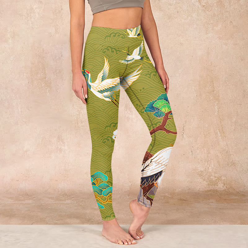 Flying Cranes Auspicious Clouds Trees Print Gym Leggings Women's Yoga Pants