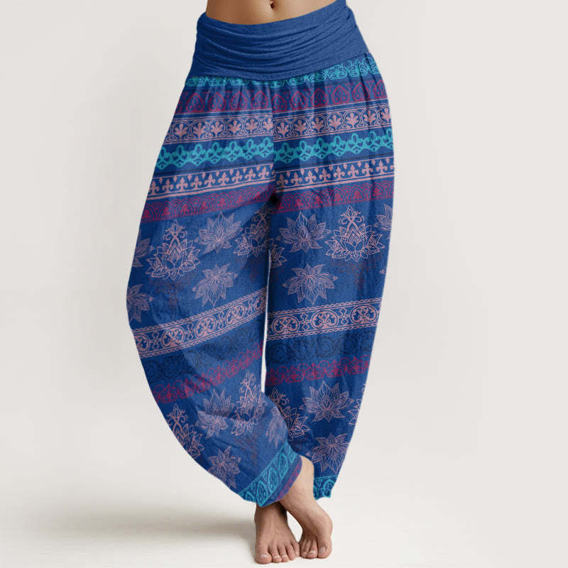 Parallel Pattern Lotus Women's Elastic Waist Harem Pants