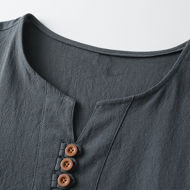 Men's T-Shirt Solid Color Top Short Sleeve Three-button V Collar Soft Cotton Shirt