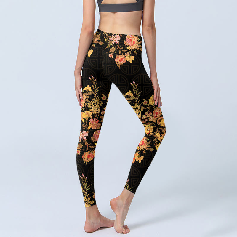 Yellow Pink Flowers Green Leaves Print Gym Fitness Leggings Women's Yoga Pants