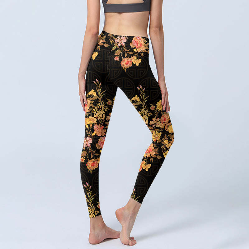 Yellow Pink Flowers Green Leaves Print Gym Fitness Leggings Women's Yoga Pants