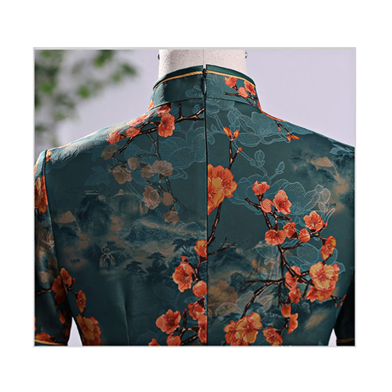 Retro Flower Lotus Peony Feather Print Qipao Dress Women's Cheongsam Dress