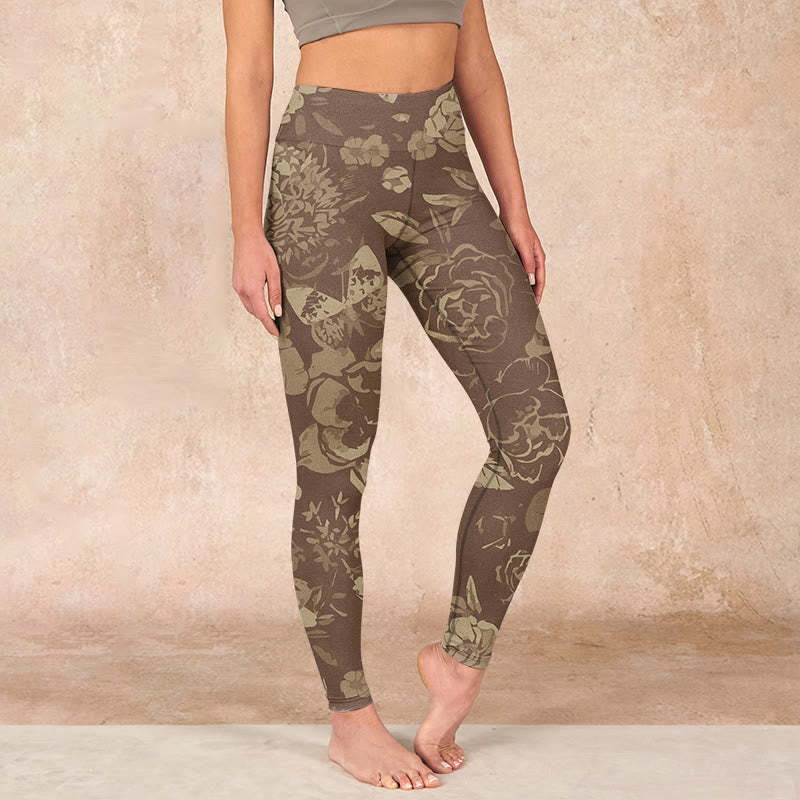 Peony Flowers Leaves Blossom Print Gym Fitness Leggings Women's Yoga Pants