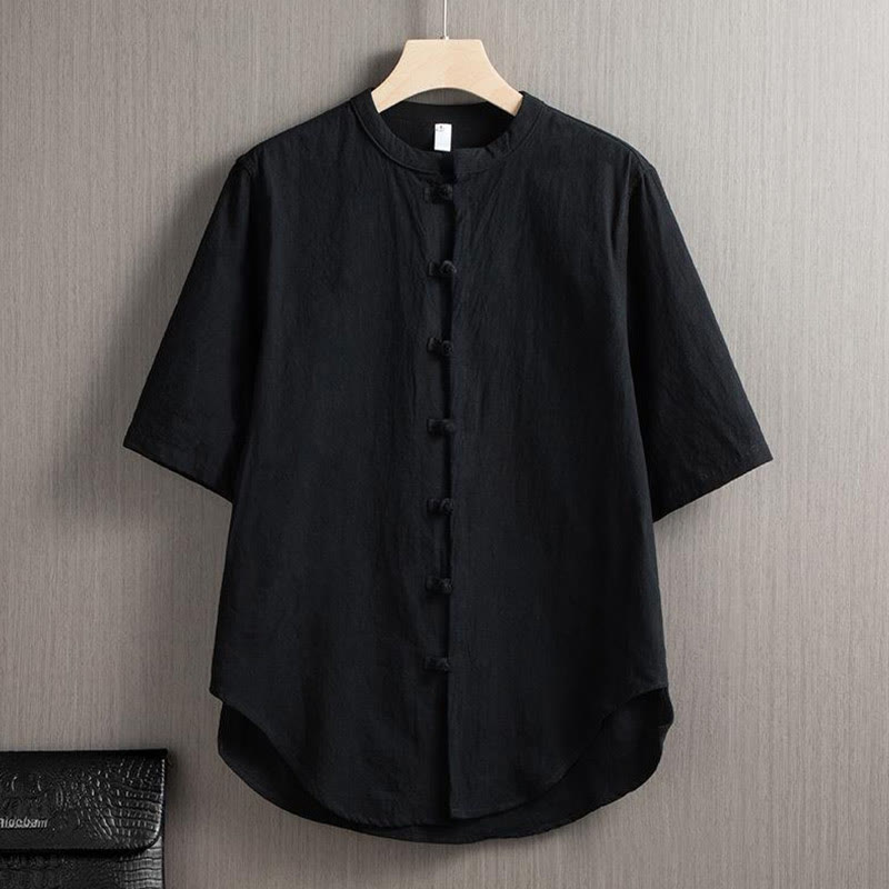 Frog-Button Plain Chinese Tang Suit Short Sleeve Shirt Cotton Linen Men Clothing