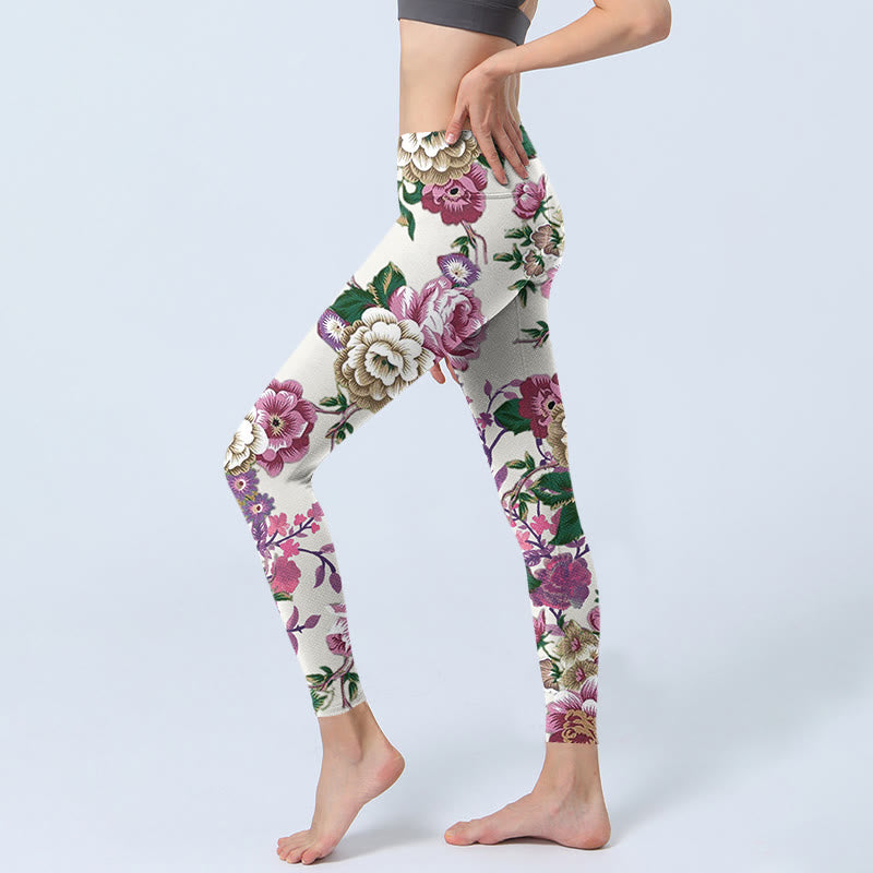 Red White Peony Flower Print Sports Leggings Women's Yoga Pants